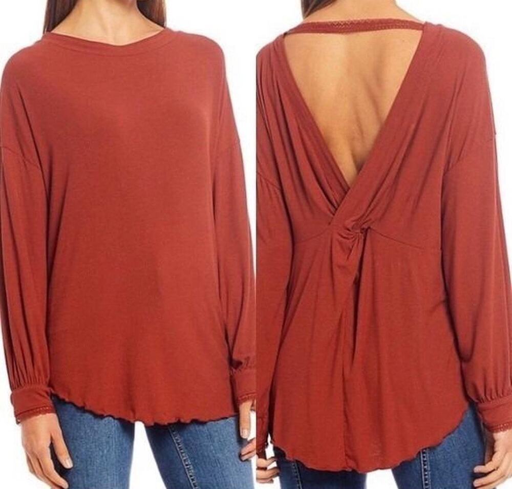 Free People Clay Red Open Back Knot Twisted Soft Ribbed Blouse Size Large - Picture 1 of 7